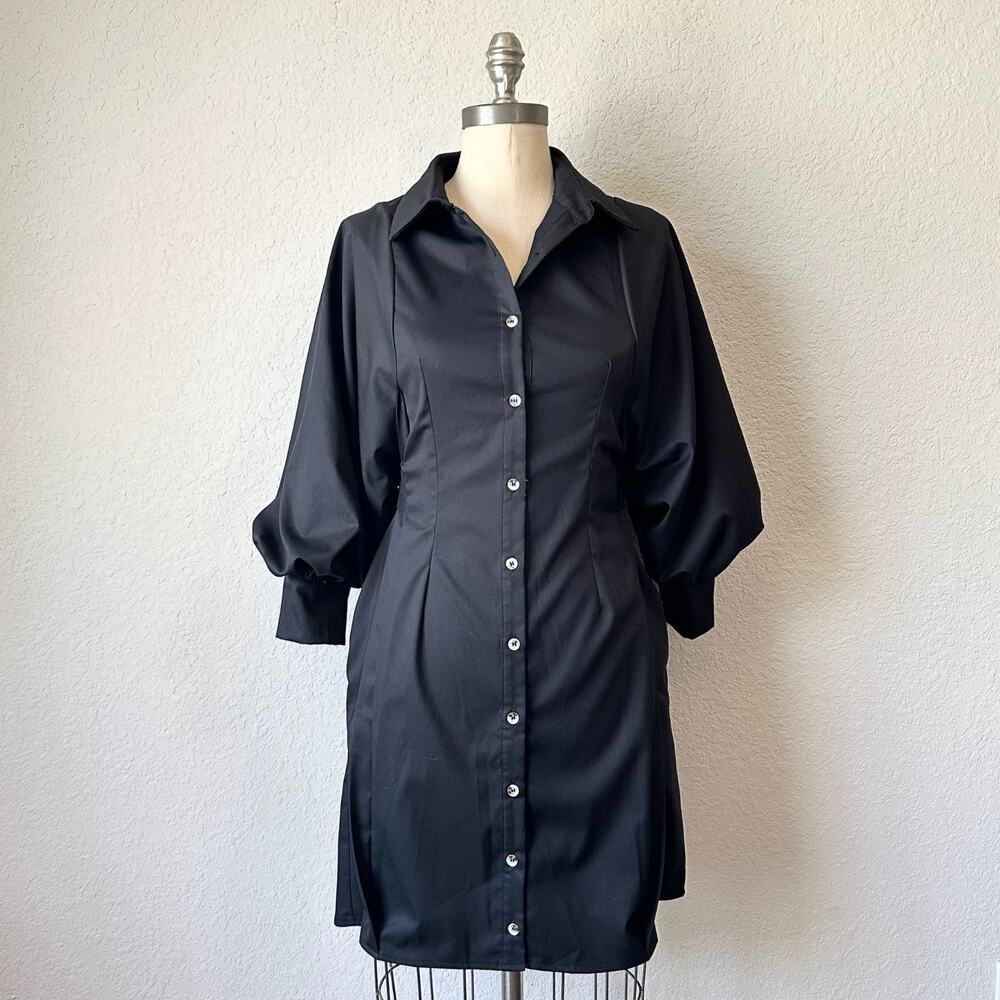 ENTRO Harper Mini Shirt Dress Black Balloon Sleeve Belted Office NWT